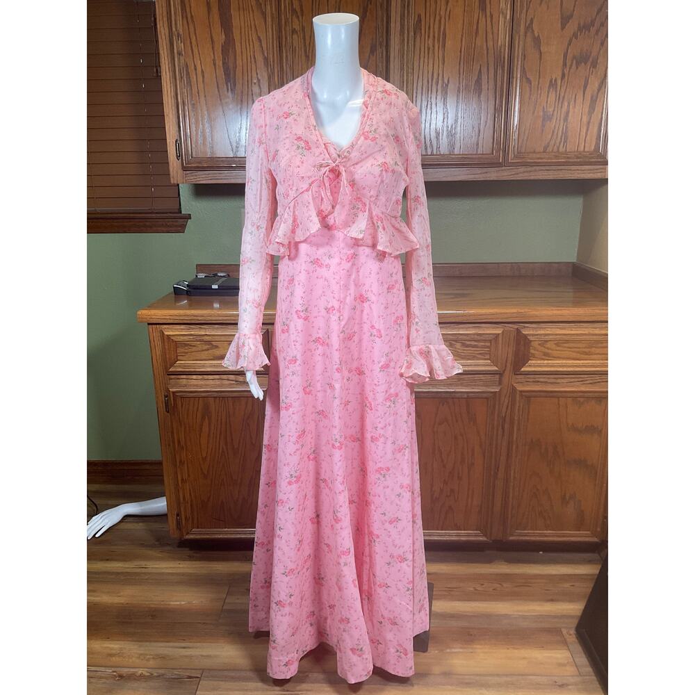 Vintage 70's Pink Maxi Floral Halter Ruffle Boho Praire Dressโ Coquette Romantic